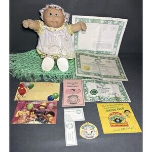 Cabbage Patch Preemie Green Eyes 1982 Dress/Shoes/Hat Birth Certificate & More